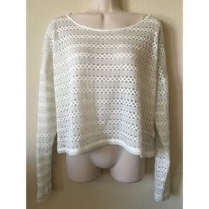 Forever 21 Ivory Silver Shimmer Stripe Long Sleeve Open Stitch Layer Top Size L